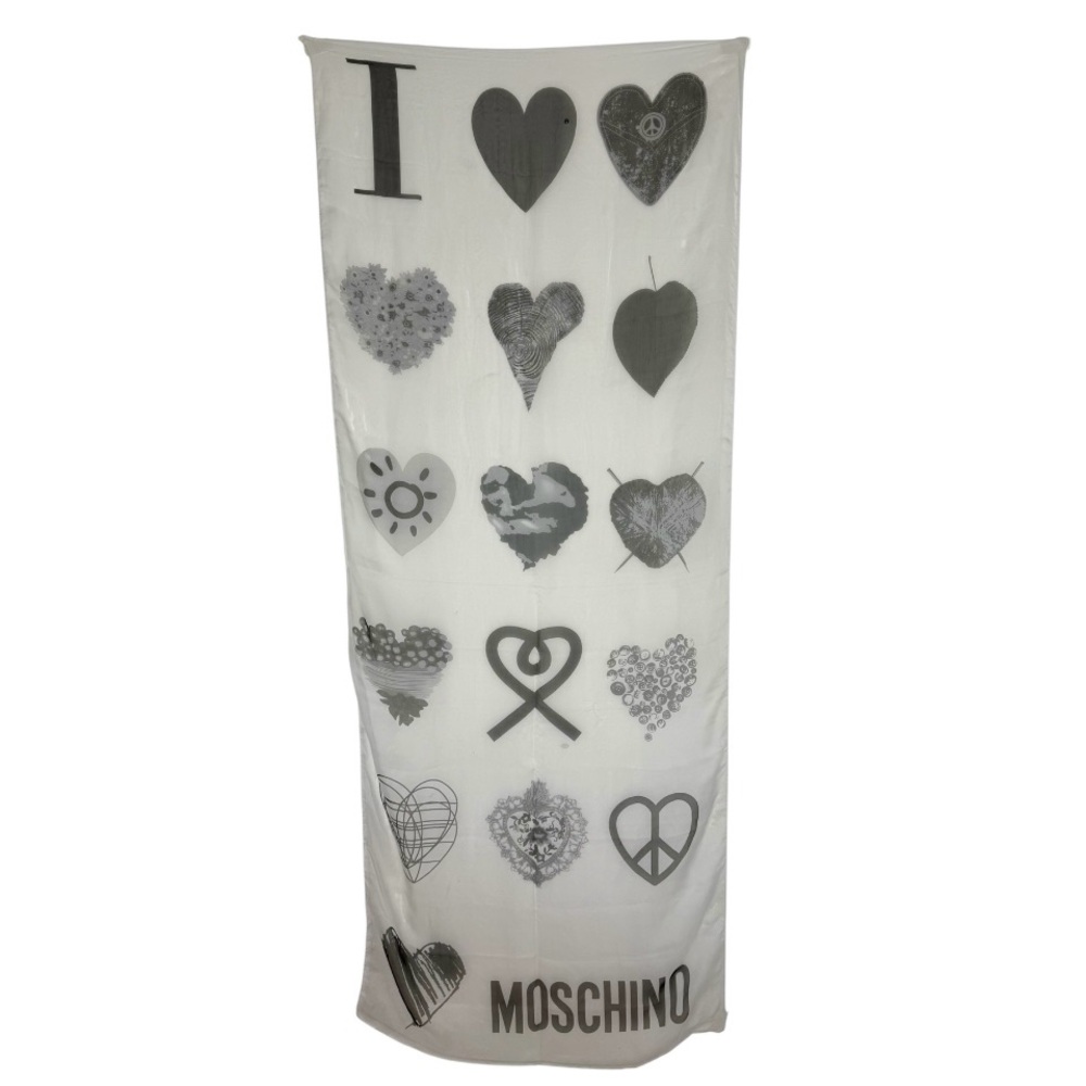 Moschino I Love Hearts Graphic Logo Silky Long Scarf White and Grey Print